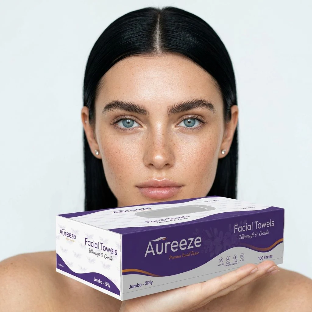 A model holding the Aureeze tissue box up beneath her face against a pale backdrop