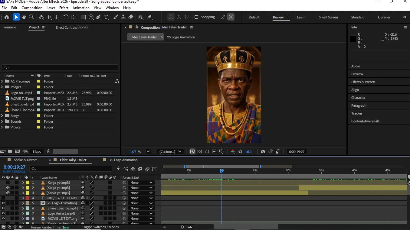 Adobe After Effects project for an Elder Takyi trailer, with music, logo animation and video layers on the timeline