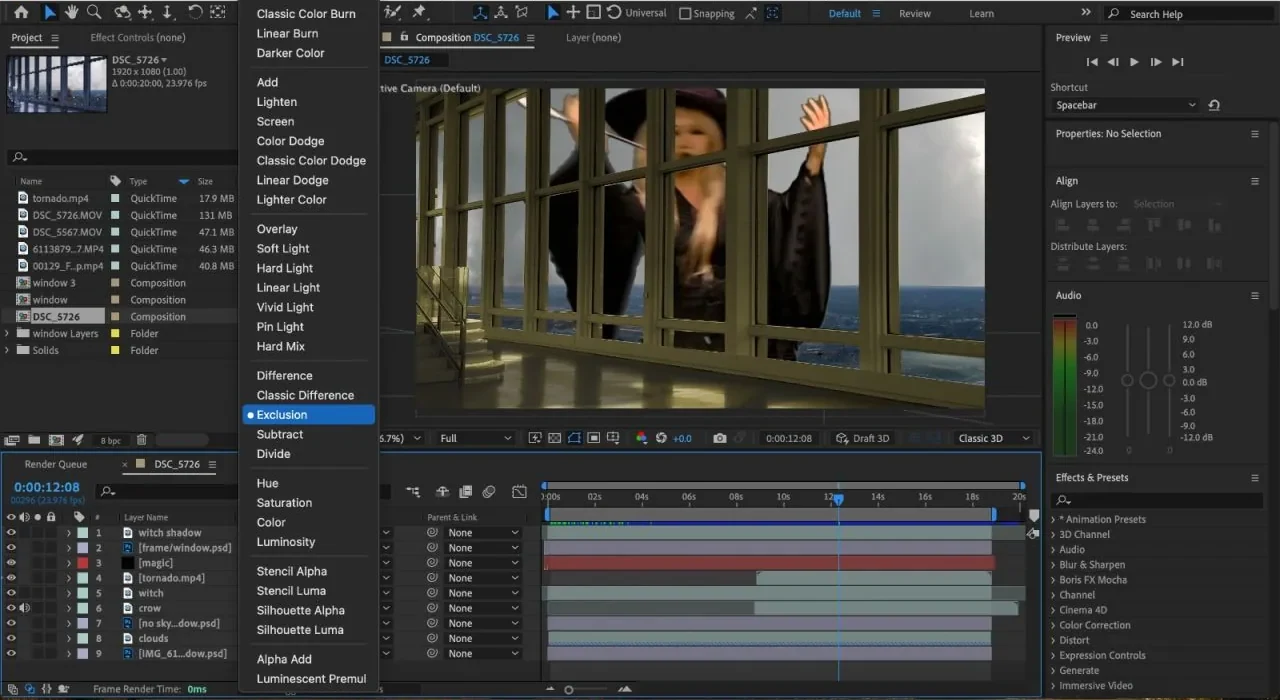 After Effects composition layering the keyed witch, a window frame, tornado, magic, crows and clouds, with blend modes open
