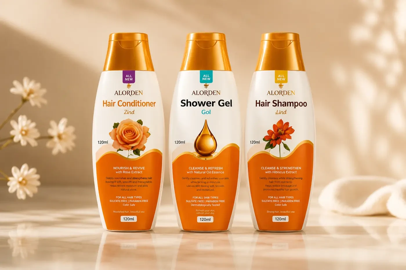 Alorden haircare collection: hair conditioner, shower gel and hair shampoo bottles standing side by side