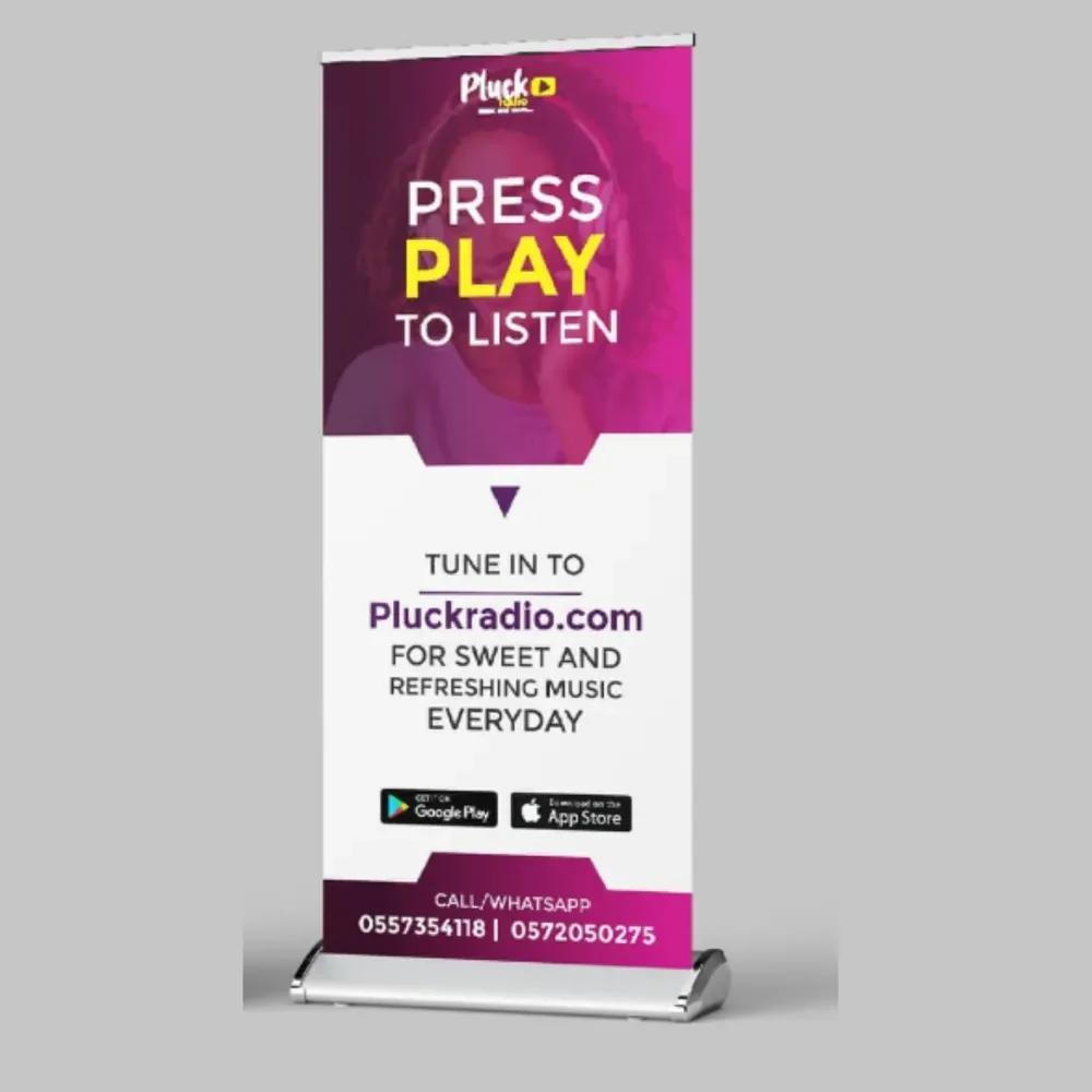 Alternate Pluck Radio roll-up banner with a woman wearing headphones