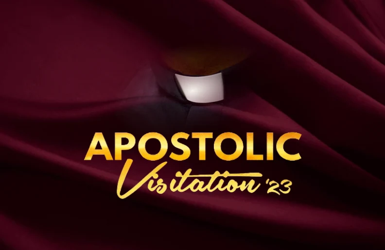 Apostolic Visitation '23 gold title lettering over maroon fabric