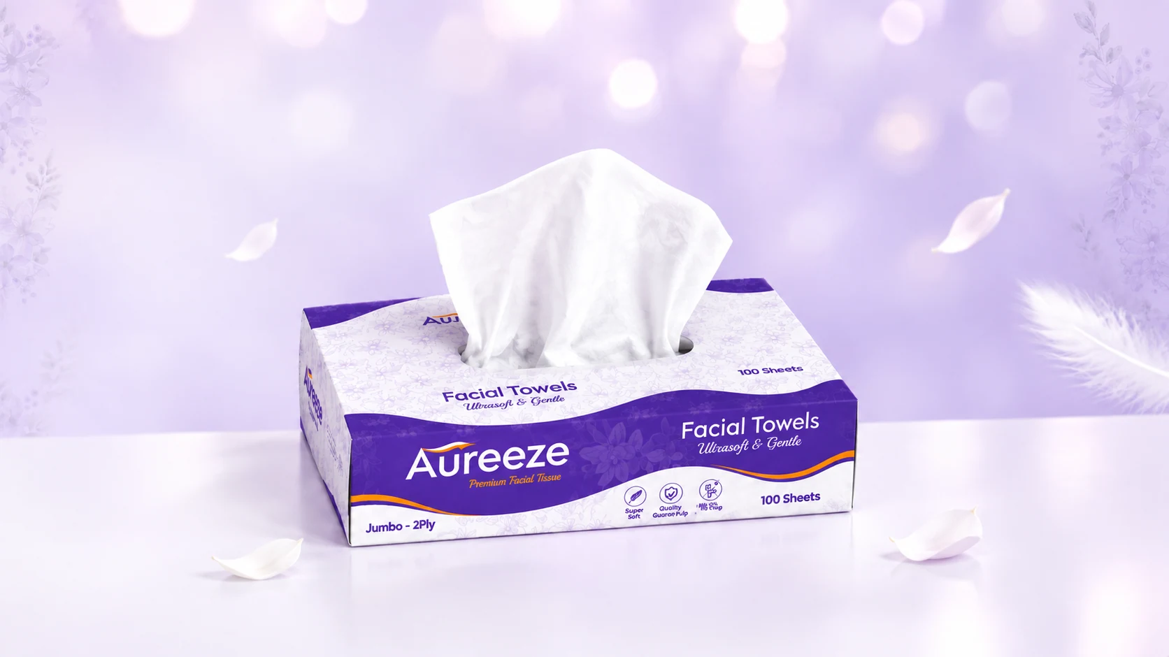 Aureeze facial tissue box against a dreamy lavender background