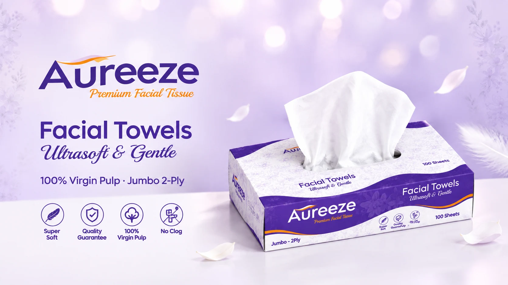 Aureeze key visual advertisement: the logo, Facial Towels Ultrasoft and Gentle, 100% Virgin Pulp and Jumbo 2-Ply, four feature icons, and the tissue box on a lavender background