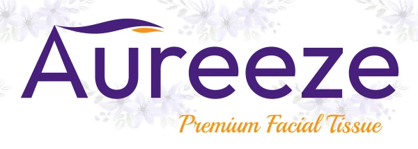 Aureeze primary logo in purple with an orange swoosh and the script tagline Premium Facial Tissue