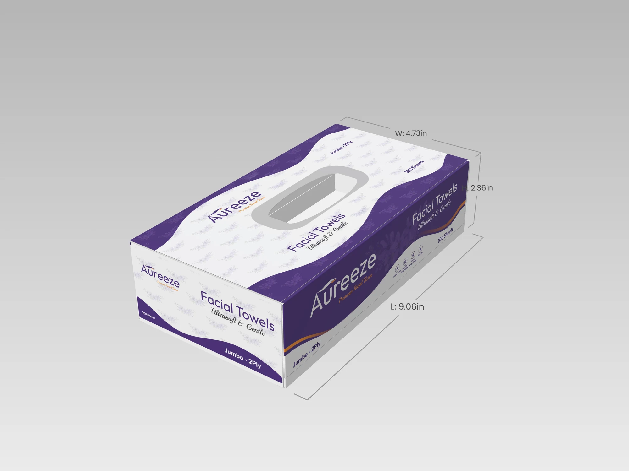 Aureeze tissue box 3D render with dimension lines: L 9.06 in, W 4.73 in, H 2.36 in