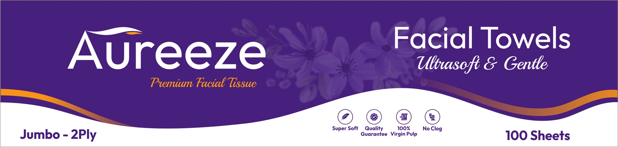 Aureeze tissue box long side panel: large white logo on deep purple with lilac flowers, Facial Towels, product features and pack details