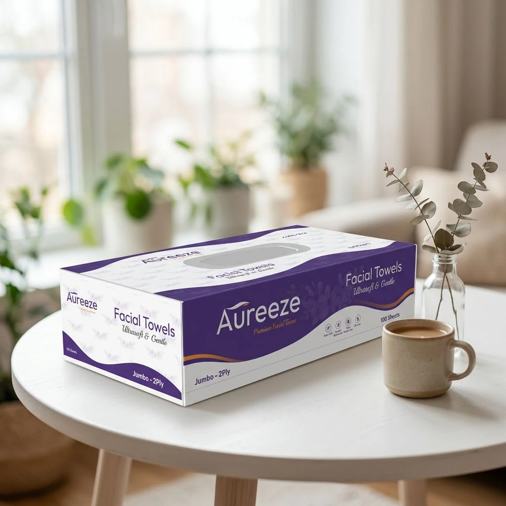Aureeze tissue box on a round white side table beside a ceramic mug and eucalyptus in a glass vase, in a bright living room
