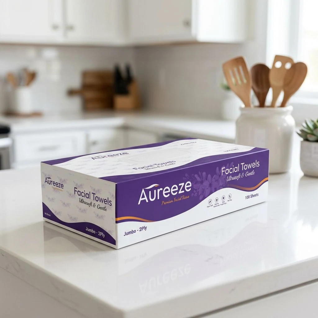Aureeze tissue box on a white quartz kitchen counter with wooden utensils behind