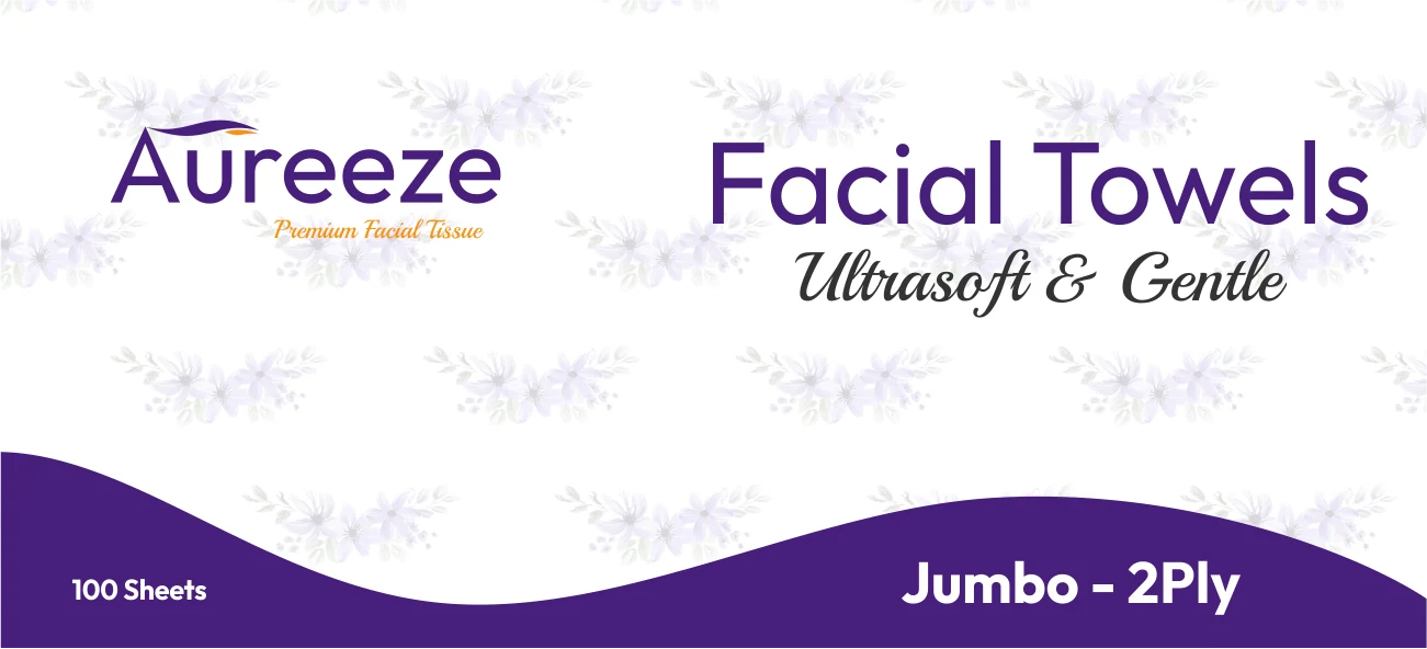 Aureeze tissue box short side panel with logo and Facial Towels on a white floral background