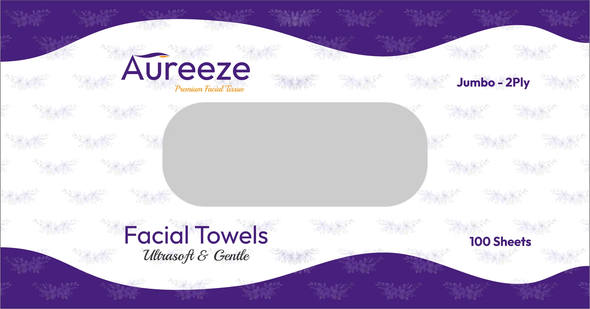 Aureeze tissue box top panel: logo, Facial Towels Ultrasoft and Gentle, Jumbo 2Ply, 100 Sheets, and the dispenser opening framed by purple waves and lilac florals
