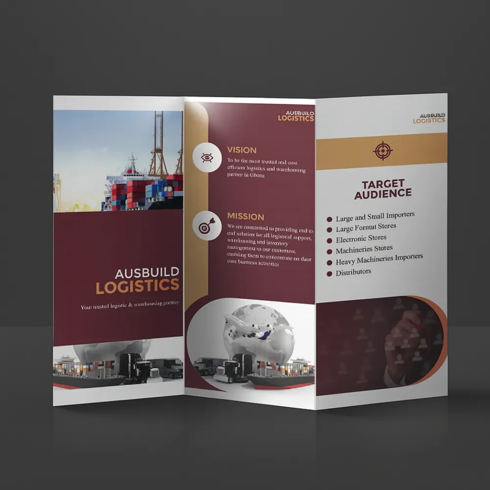 AusBuild Logistics tri-fold brochure in maroon and gold
