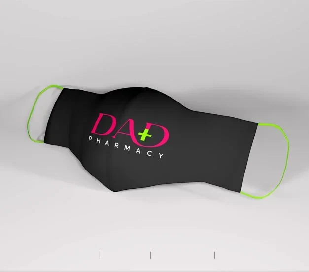 Black face mask with the Dad Pharmacy logo and lemon-green ear loops