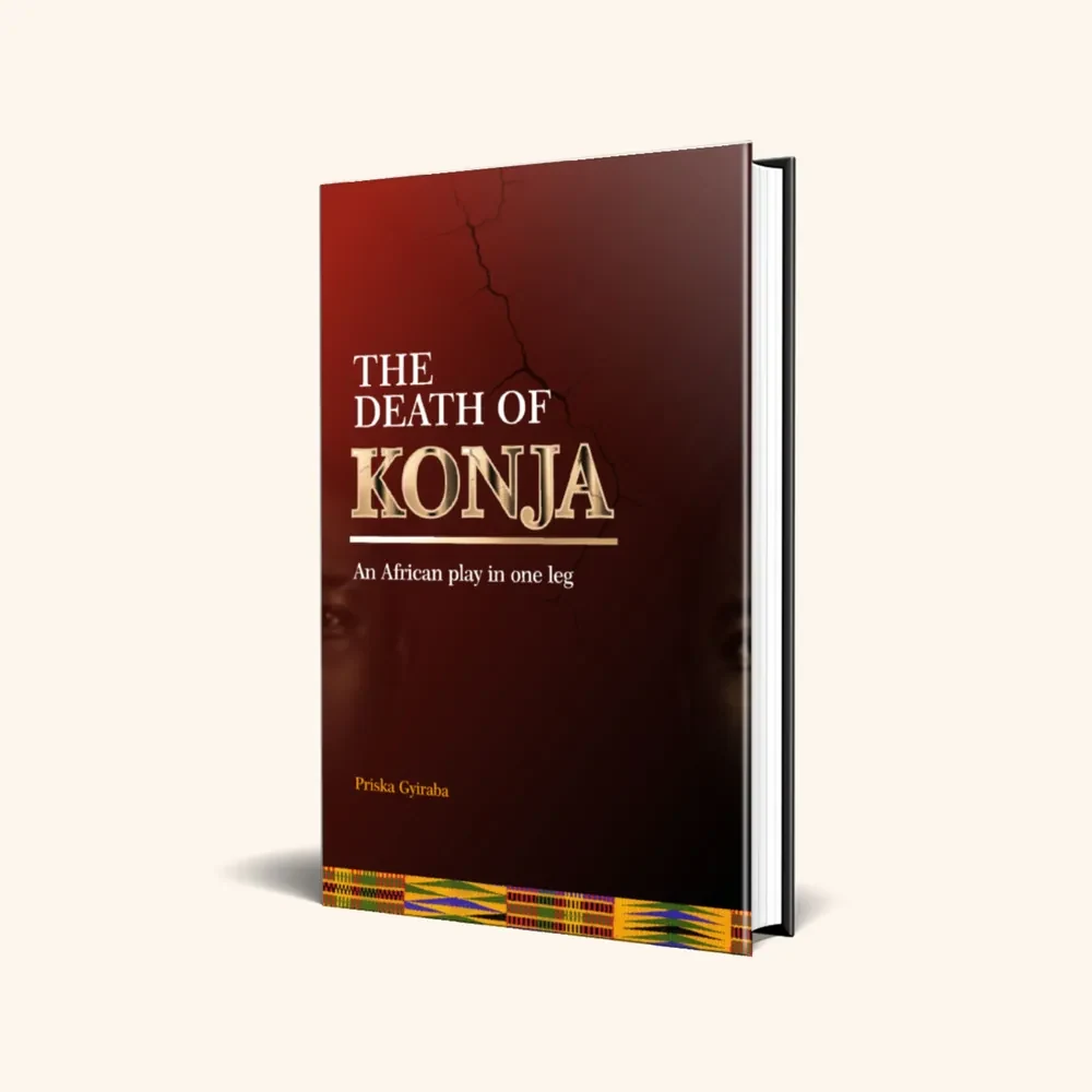 Book cover for The Death of Konja in deep red with gold title and a kente border