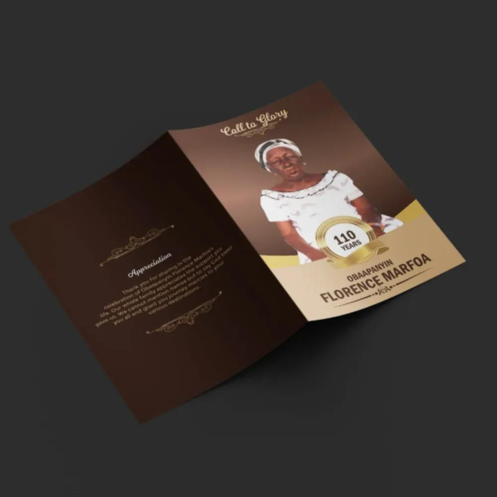 Brown and gold memorial programme celebrating 110 years of Obaapanyin Florence Marfoa