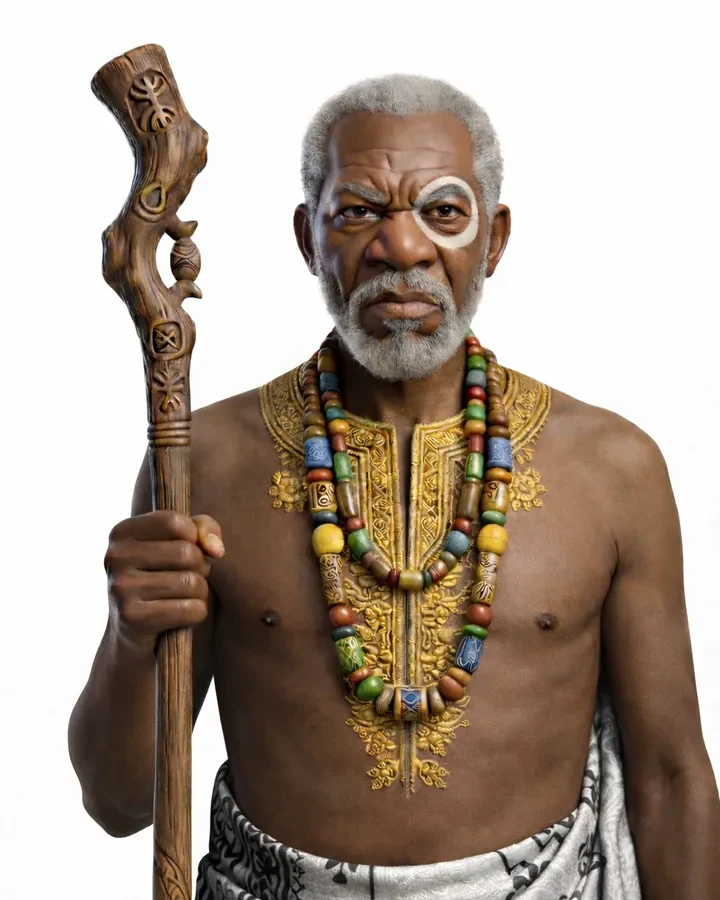 Chief Priest Odeneho Akpara with a carved staff, beads and white face markings