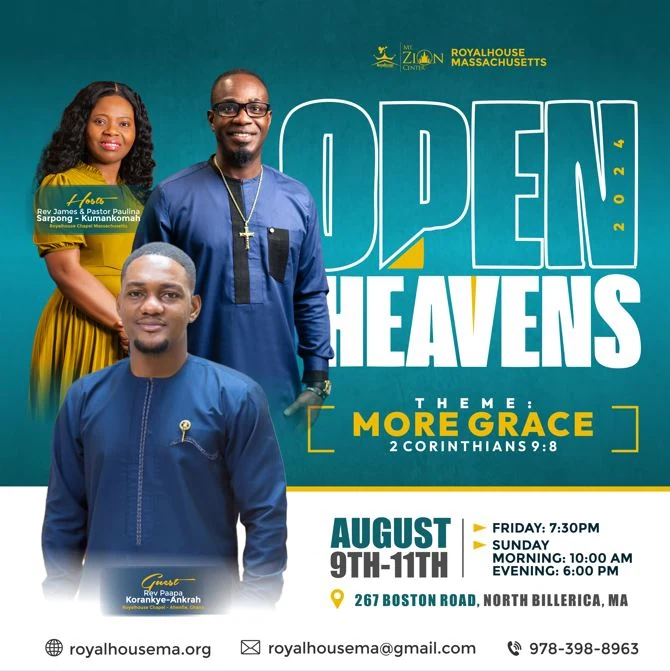 Combined speaker flyer with the hosts and guest speaker beside the Open Heavens lockup