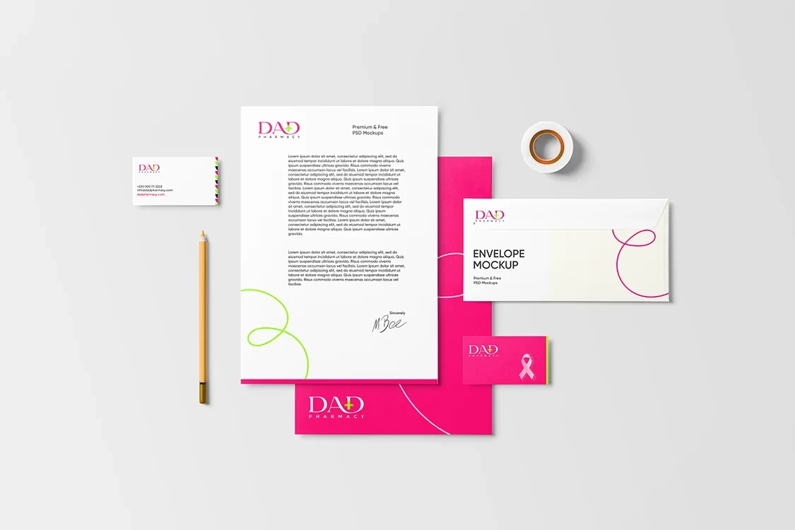 Dad Pharmacy stationery: letterhead, pink folder, envelope, business card and a pink awareness card