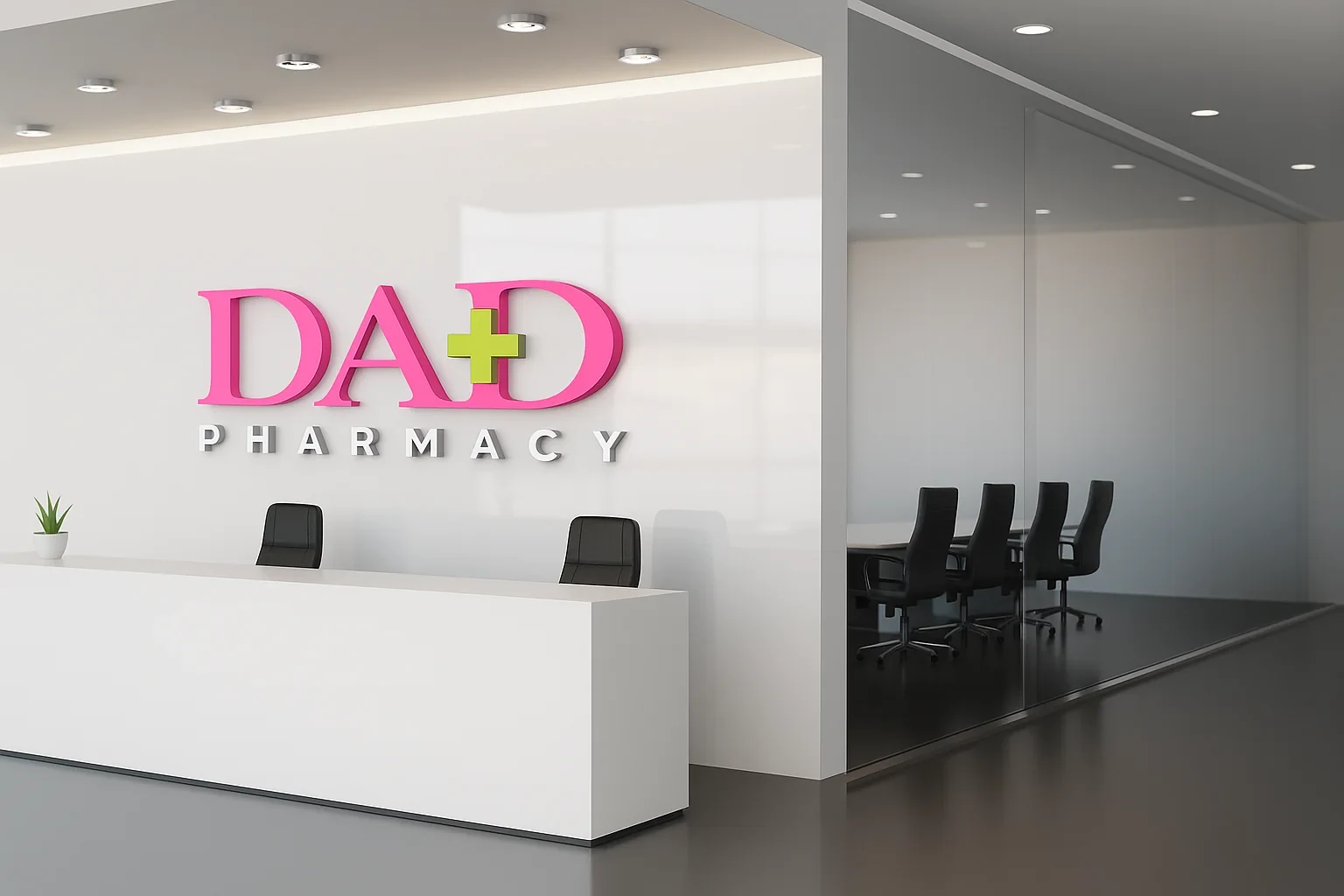 Dad Pharmacy wordmark as dimensional pink and lemon-green signage above a white reception desk