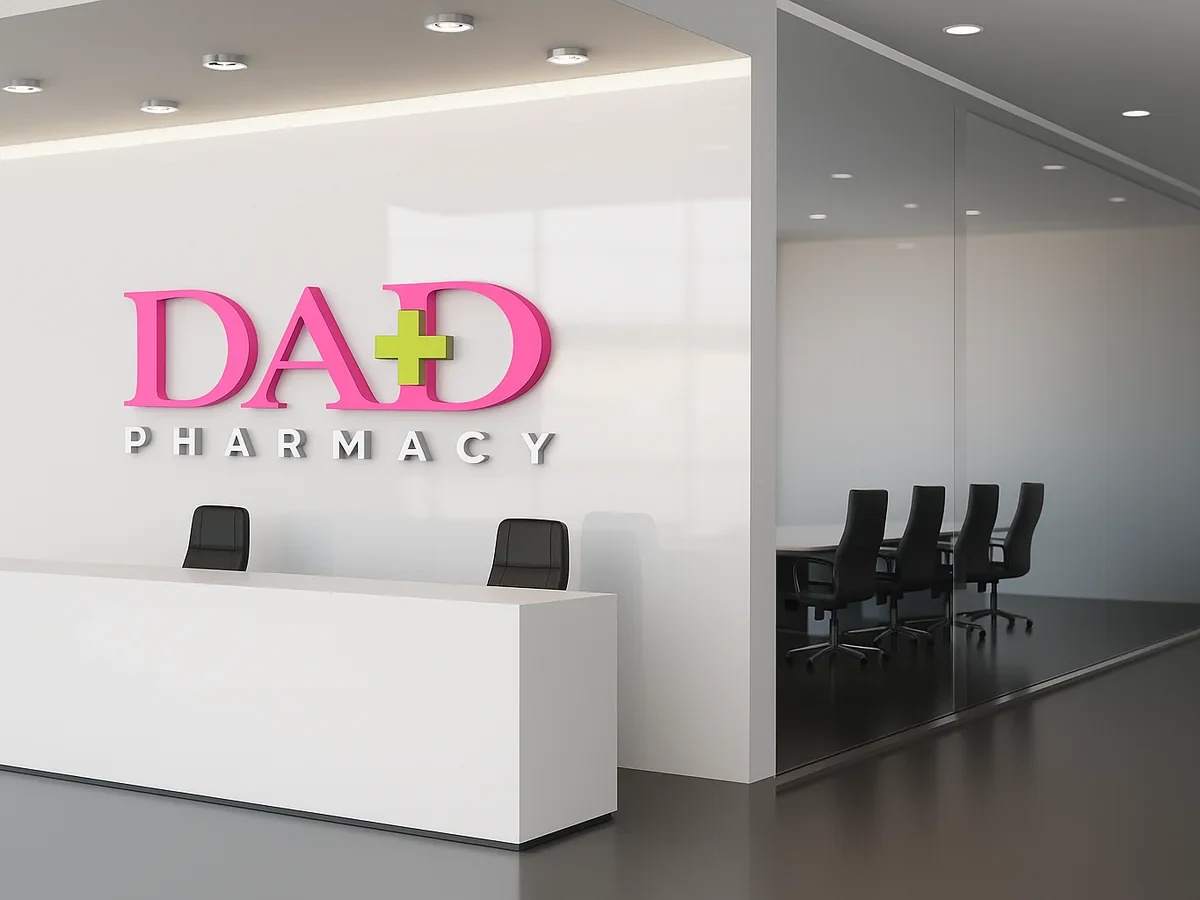 Dad Pharmacy wordmark as reception signage