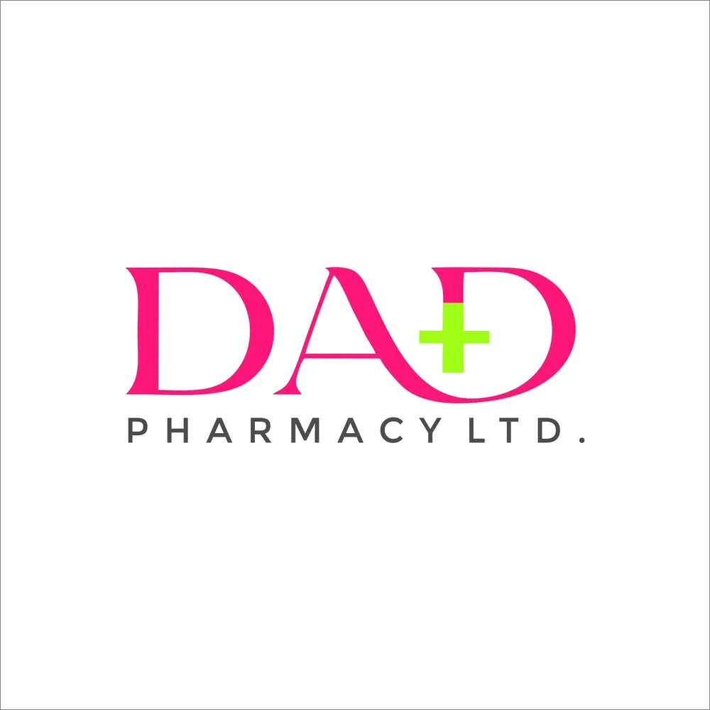Dad Pharmacy wordmark in pink with a lemon-green plus sign