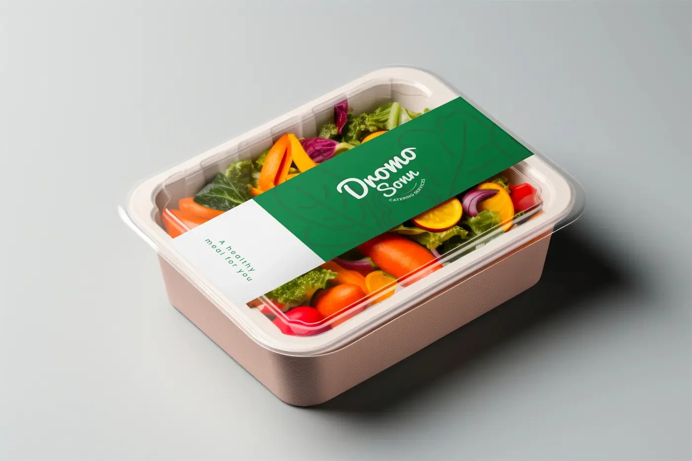 Dromo Sonn salad container labeled 'a healthy meal for you'