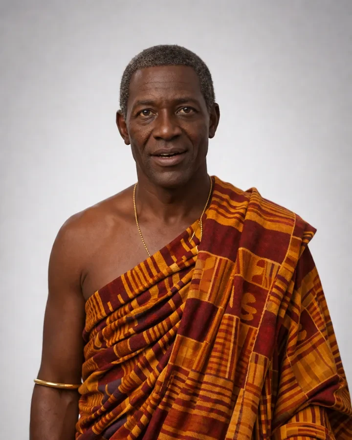 Elder Ofori in maroon and gold kente