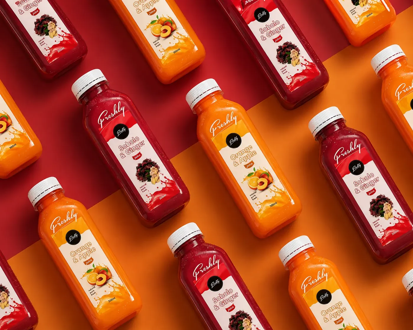 Freshly juice bottles arranged in a repeating pattern