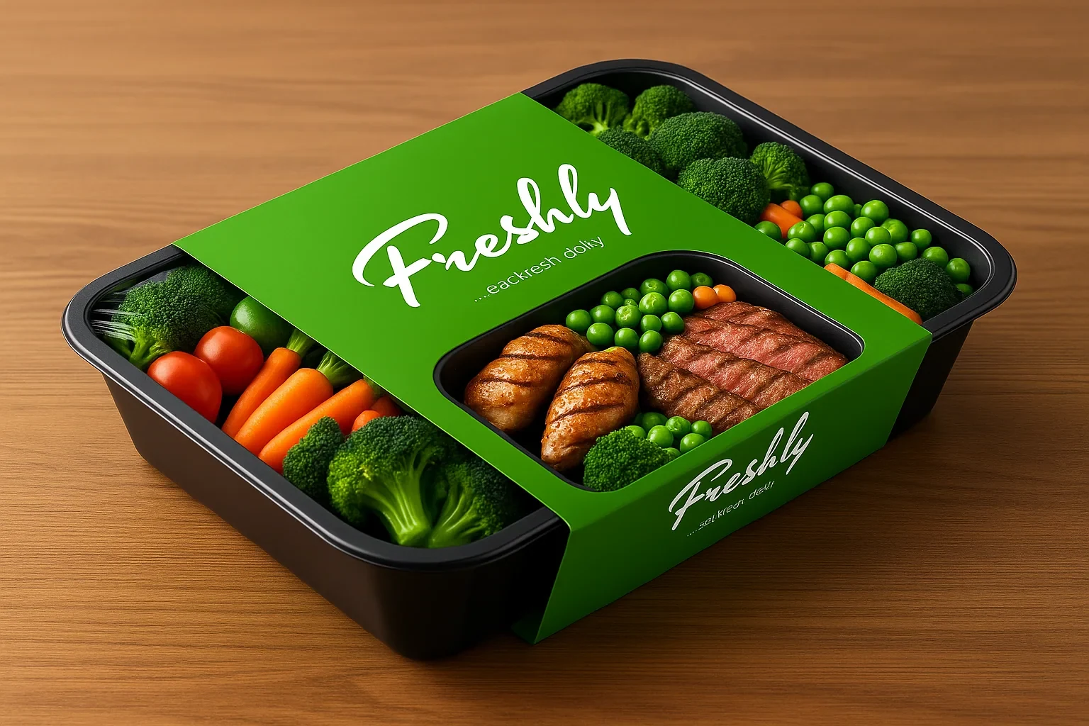 Freshly meal tray with a green branded sleeve, filled with vegetables and grilled meat