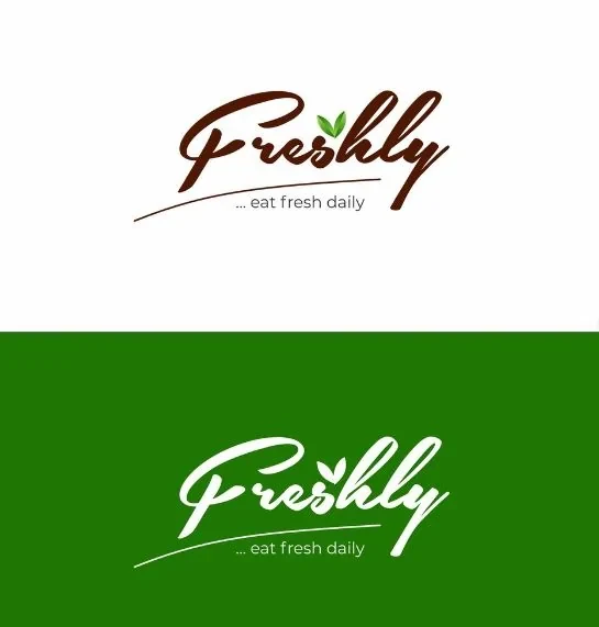 Freshly script logo with a green leaf and the tagline eat fresh daily, shown in brown on white and reversed in white on green