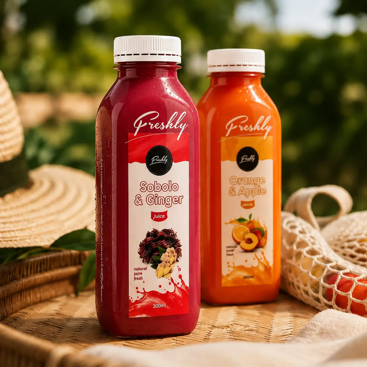 Freshly Sobolo & Ginger and Orange & Apple juice bottles outdoors