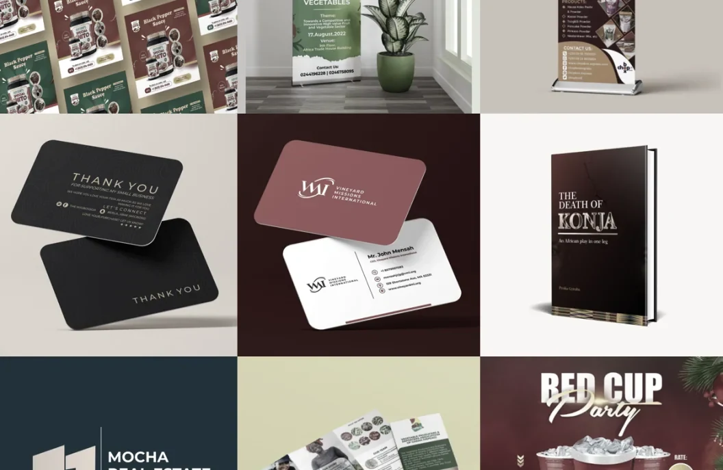 Grid of collateral work: flyers, roll-up banners, business cards, a book cover and a brochure