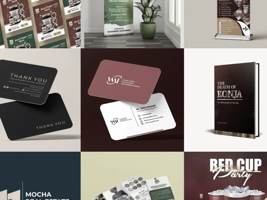 Grid of flyers, banners, business cards and a book cover