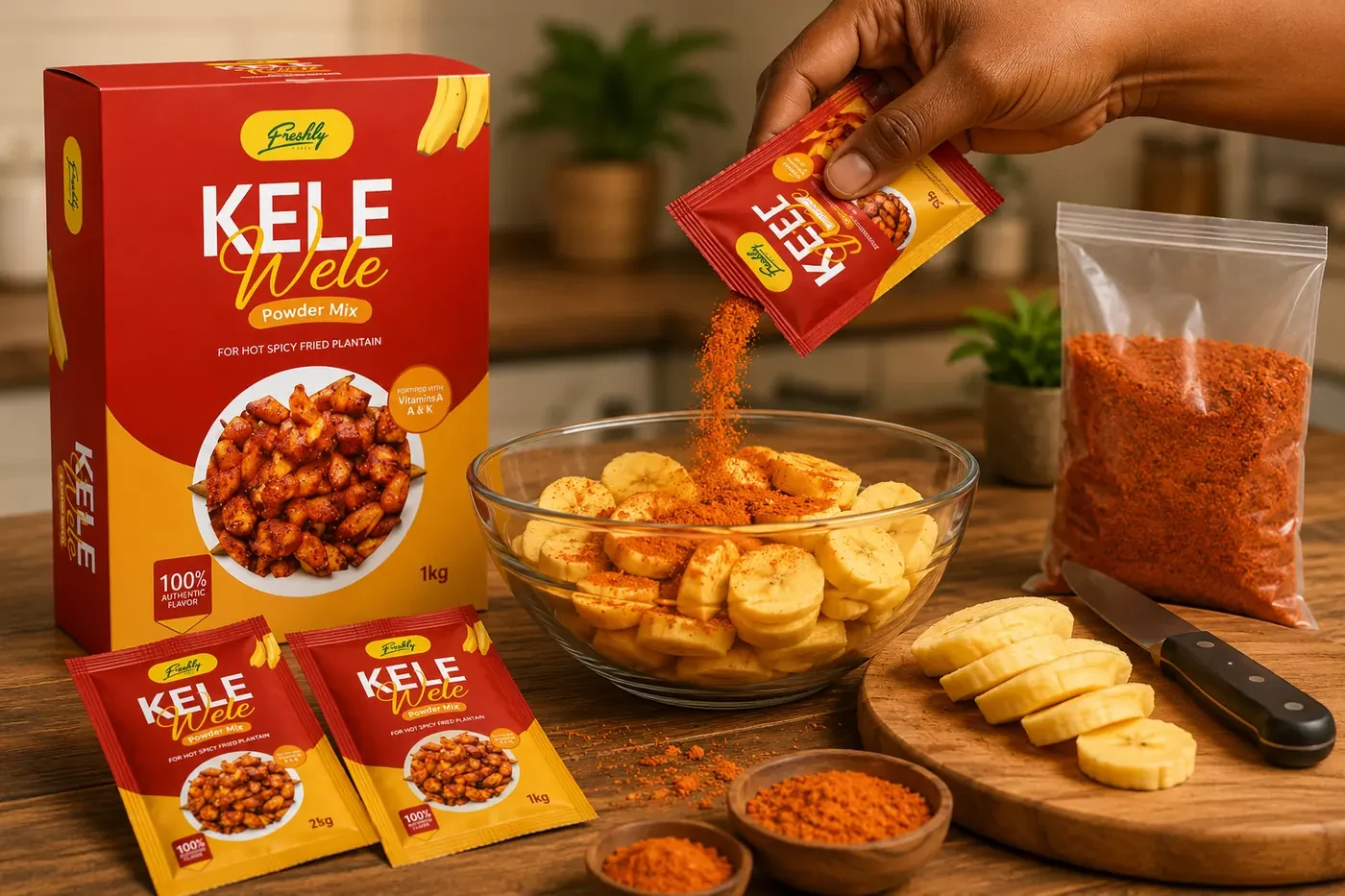 Hand pouring a Kelewele sachet over sliced plantain in a bowl