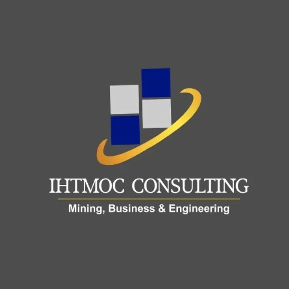 IHTMOC Consulting logo: blue and grey blocks with a gold orbit on charcoal