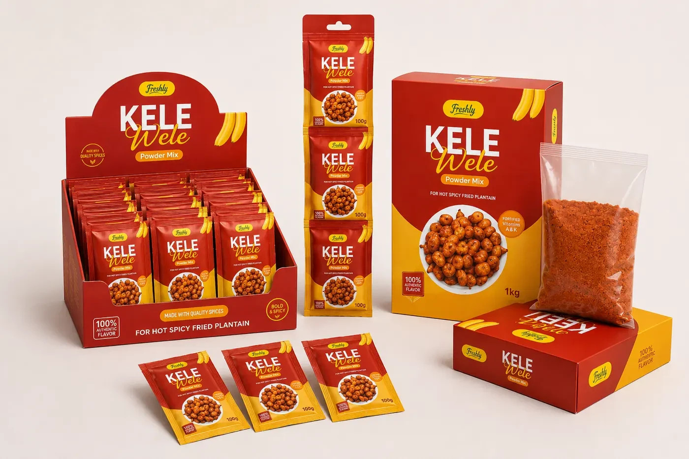 Kelewele product line: box, stand-up bag, stick packs and sachets