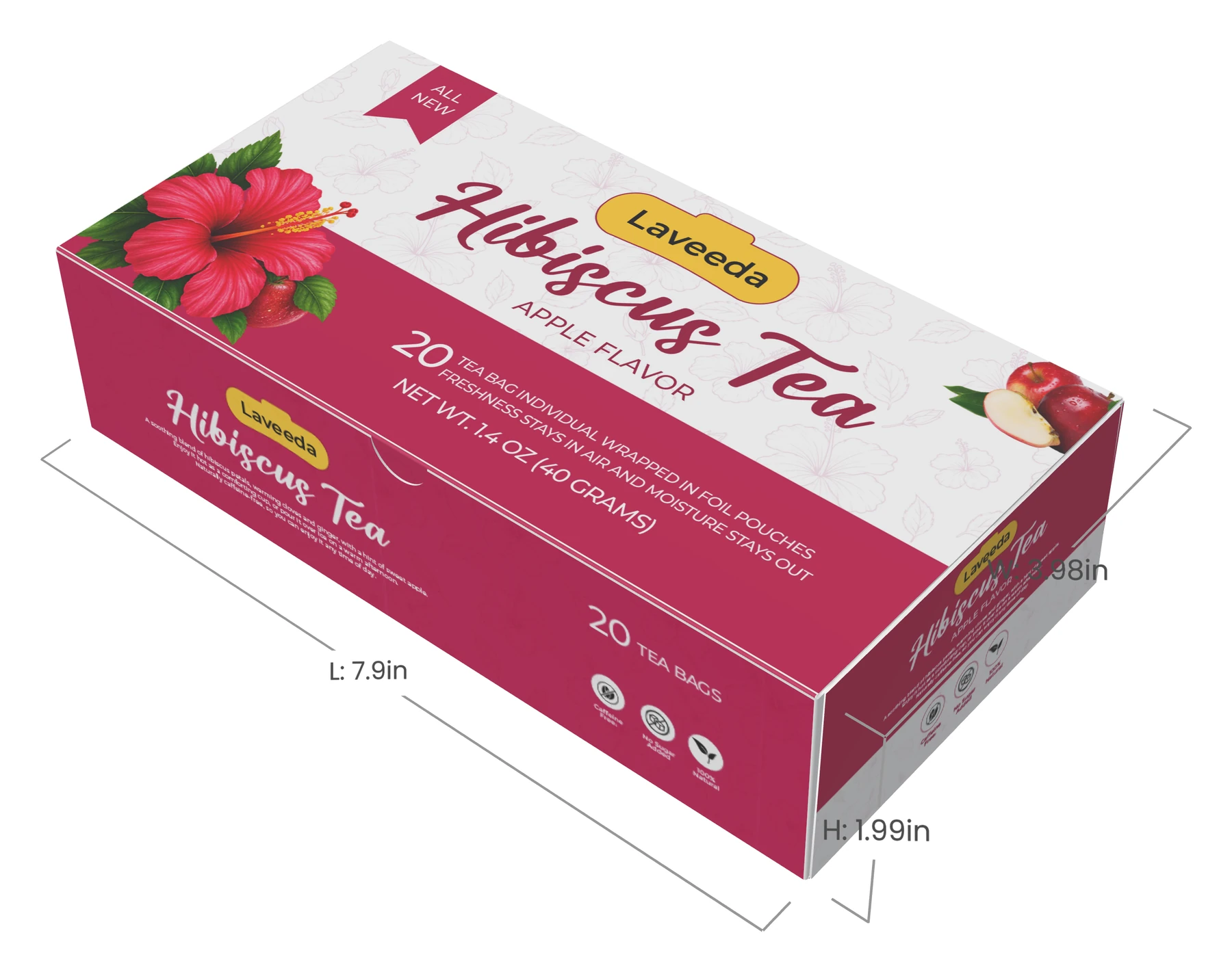 Laveeda Hibiscus Tea box 3D render with dimension lines: L 7.9 in, W 3.98 in, H 1.99 in