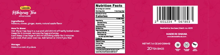 Laveeda back panel: ingredients, how to brew hot or iced, storage, a nutrition facts label, barcode, best before and batch number, made in Ghana, net weight 1.4 oz (40 g) and three icons