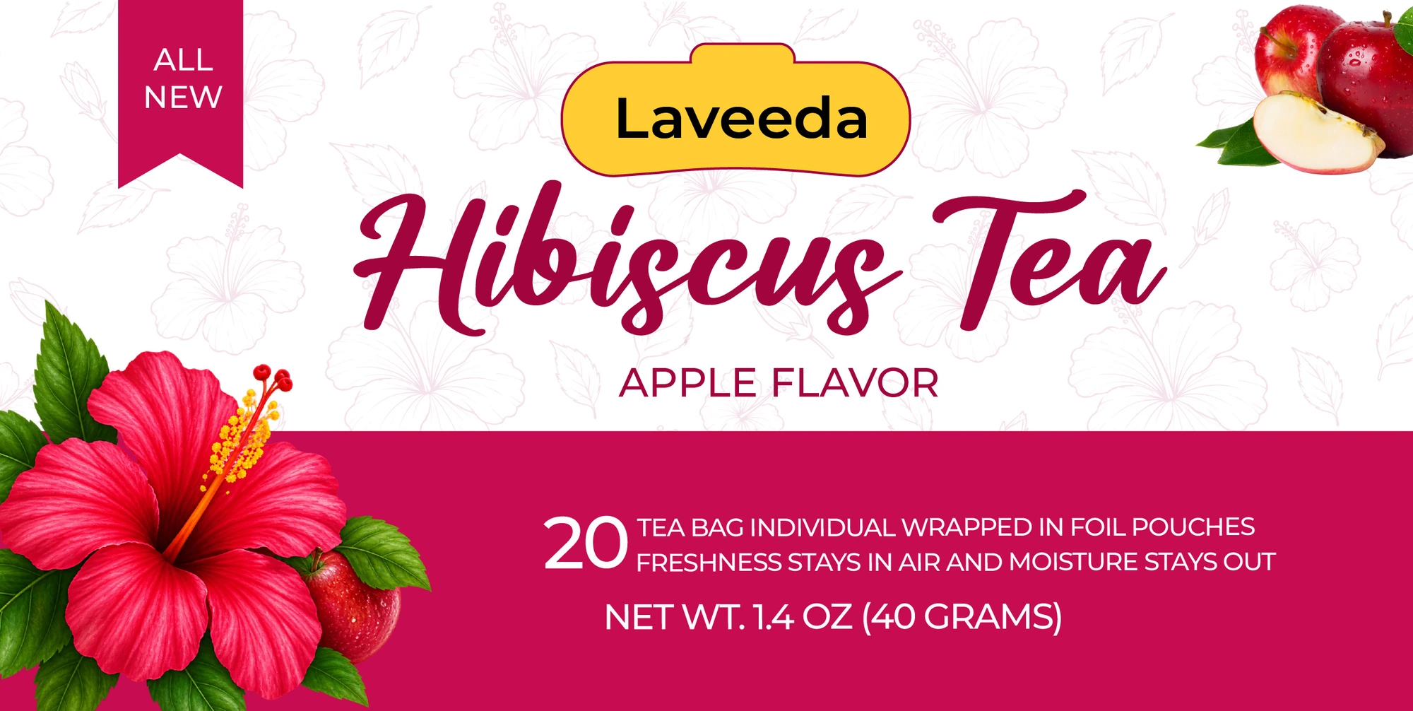 Laveeda front label: the yellow Laveeda badge, Hibiscus Tea script, Apple Flavor, a red hibiscus flower with apple, 20 tea bags and net weight 1.4 oz (40 g) on a magenta band