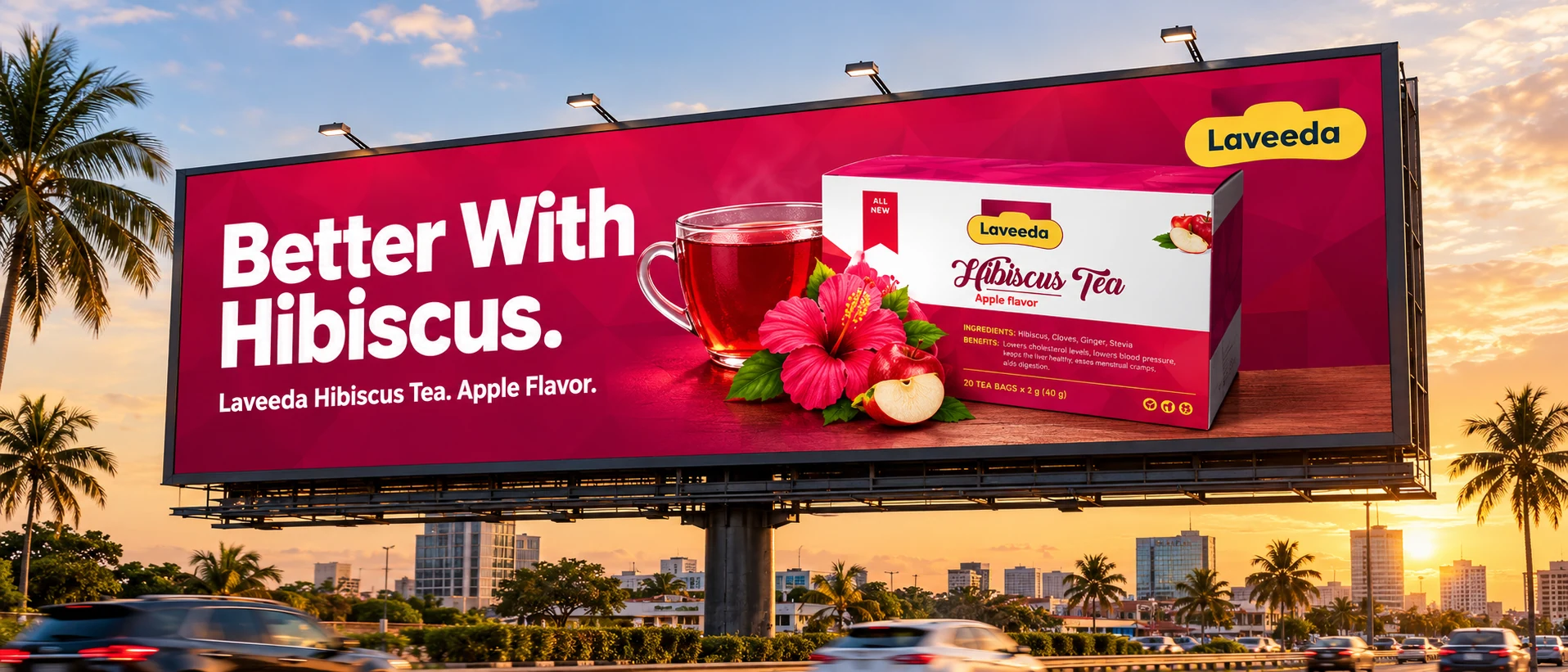 Laveeda roadside billboard at sunset in a palm-lined city: Better With Hibiscus, with the tea box, a cup of hibiscus tea and fresh flowers