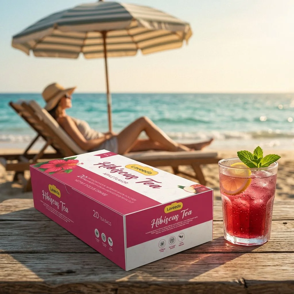 The Laveeda box on a wooden table at the beach beside a glass of iced hibiscus tea with lemon and mint, a woman relaxing under an umbrella behind