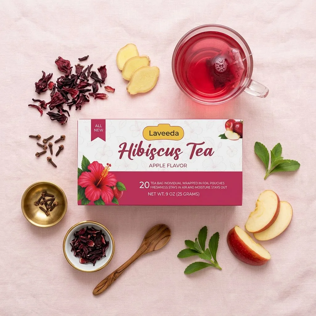 Top-down flat lay of the Laveeda box surrounded by dried hibiscus, cloves, ginger, stevia leaves, apple slices and a glass cup of hibiscus tea