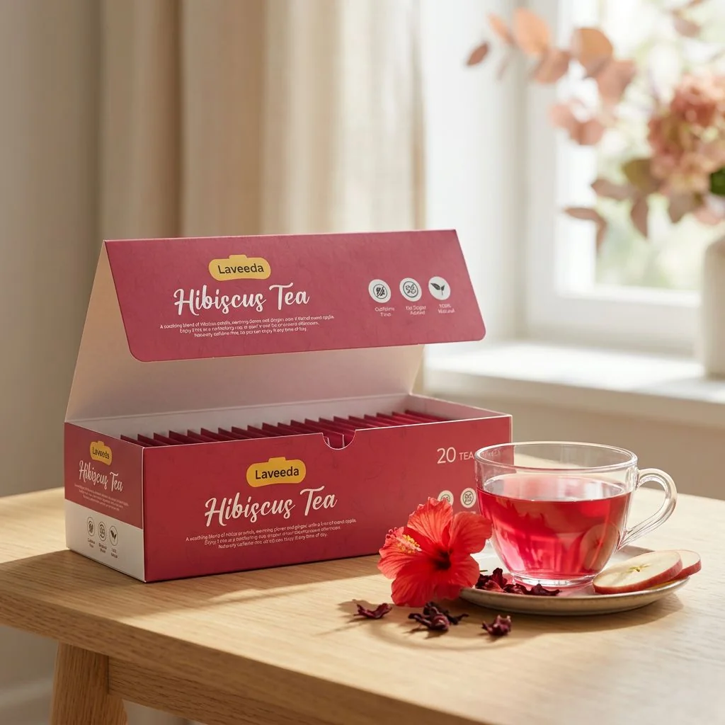 The Laveeda box open on a sunlit table with tea bags inside, beside a glass cup of hibiscus tea and a hibiscus flower