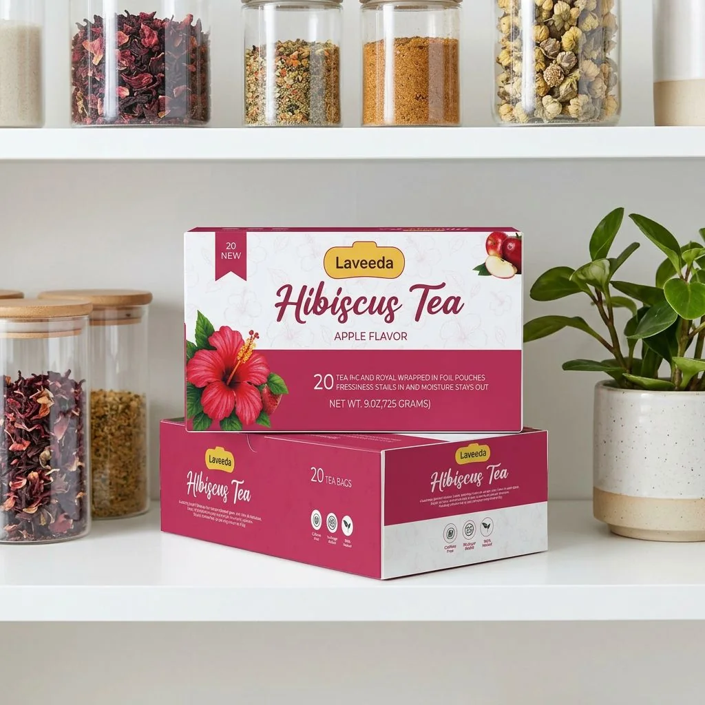 Two Laveeda boxes stacked on a white pantry shelf beside glass jars of dried hibiscus and spices and a potted plant