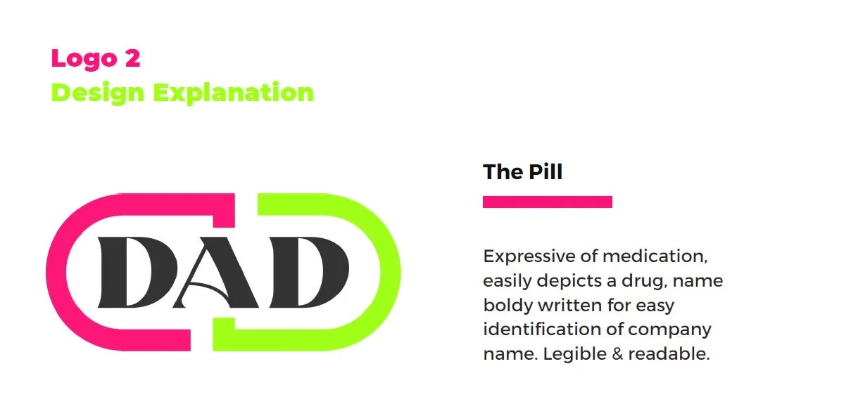 Logo concept 2: DAD in bold dark lettering inside a split pink and green capsule shape