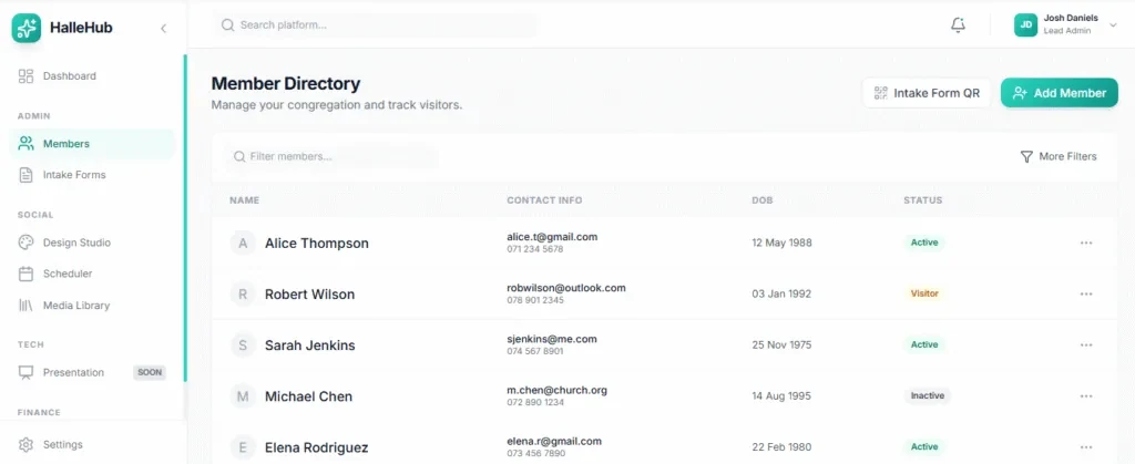 Member Directory listing members with contact info, date of birth and status