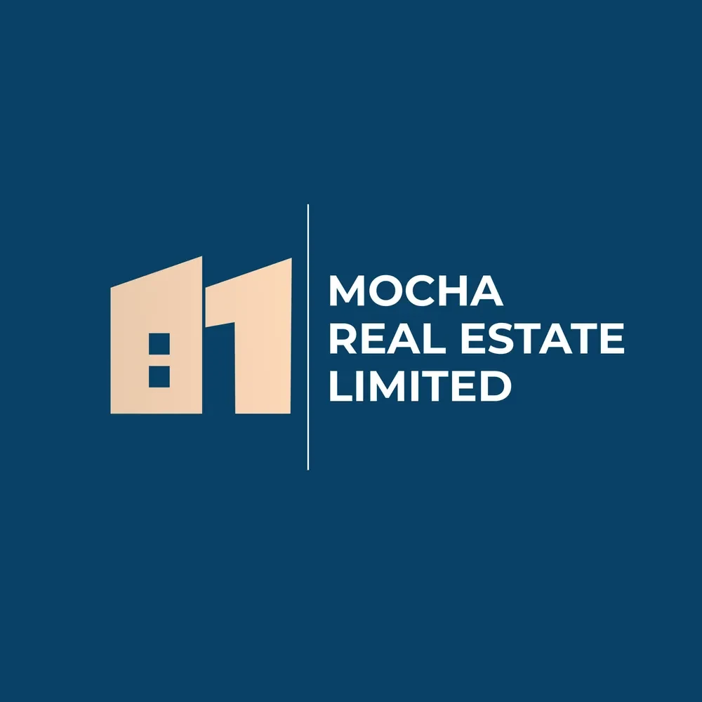 Mocha Real Estate logo: two peach building shapes beside the company name on navy