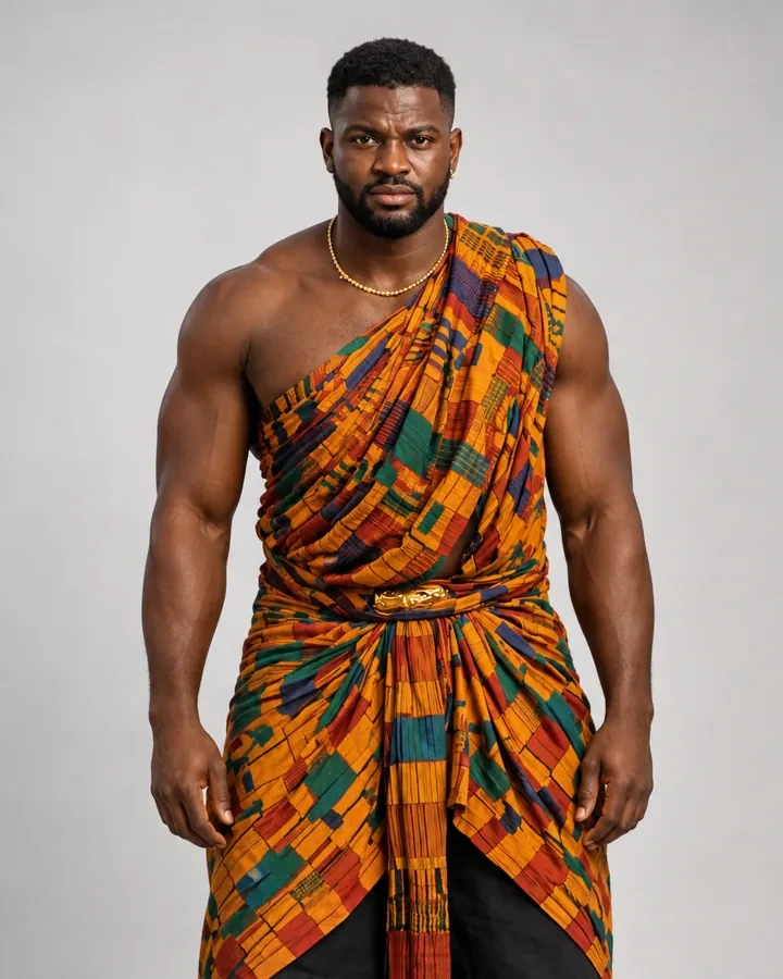 Nana Gyasi, the king's brother, in orange kente with a gold buckle