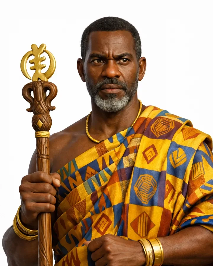 Okyeame Odame holding a carved linguist staff
