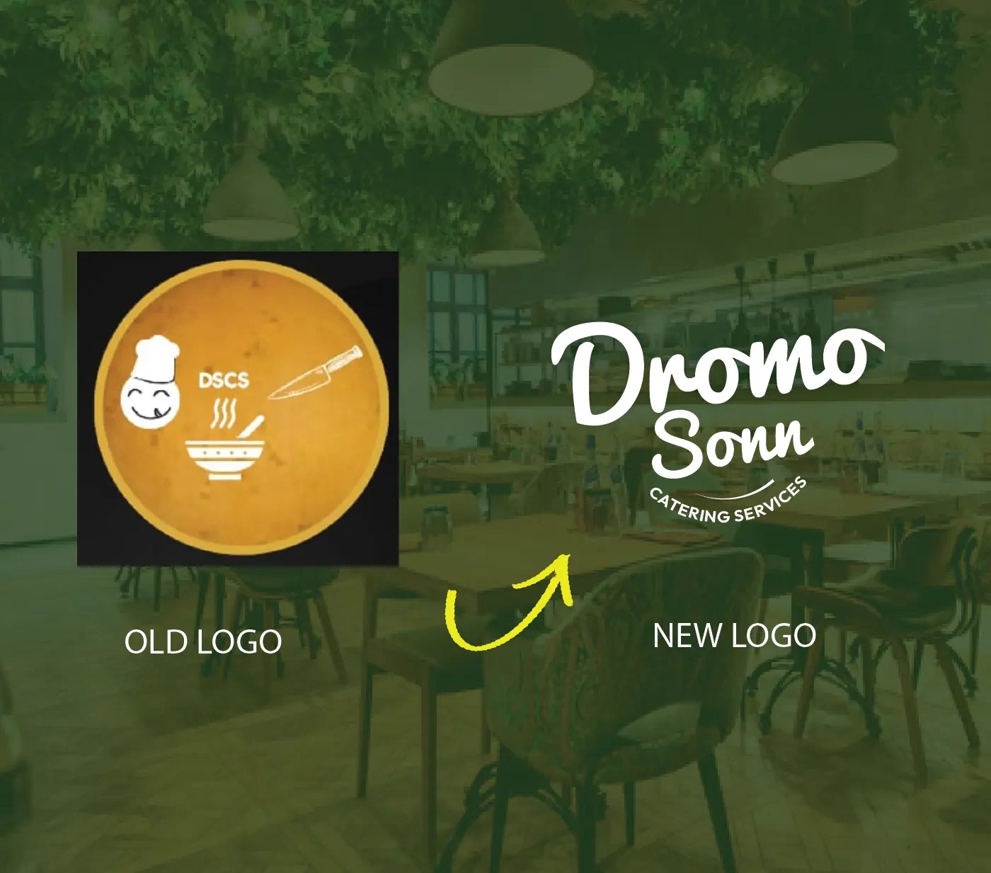 Old chef-icon logo compared with the new Dromo Sonn hand-lettered wordmark